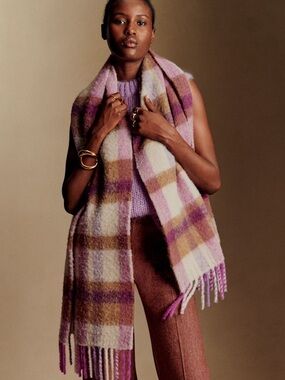 ISO Plaid Fringe Wool-Blend Scarf in Pink and Brown